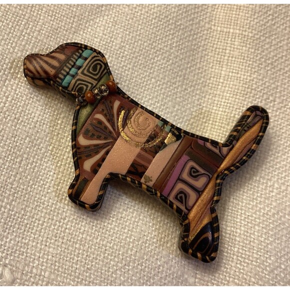 Folk Art Handmade Wooden Looking Dog Broach Pin Arts & Crafts Style Fancy Collar - Picture 5 of 11